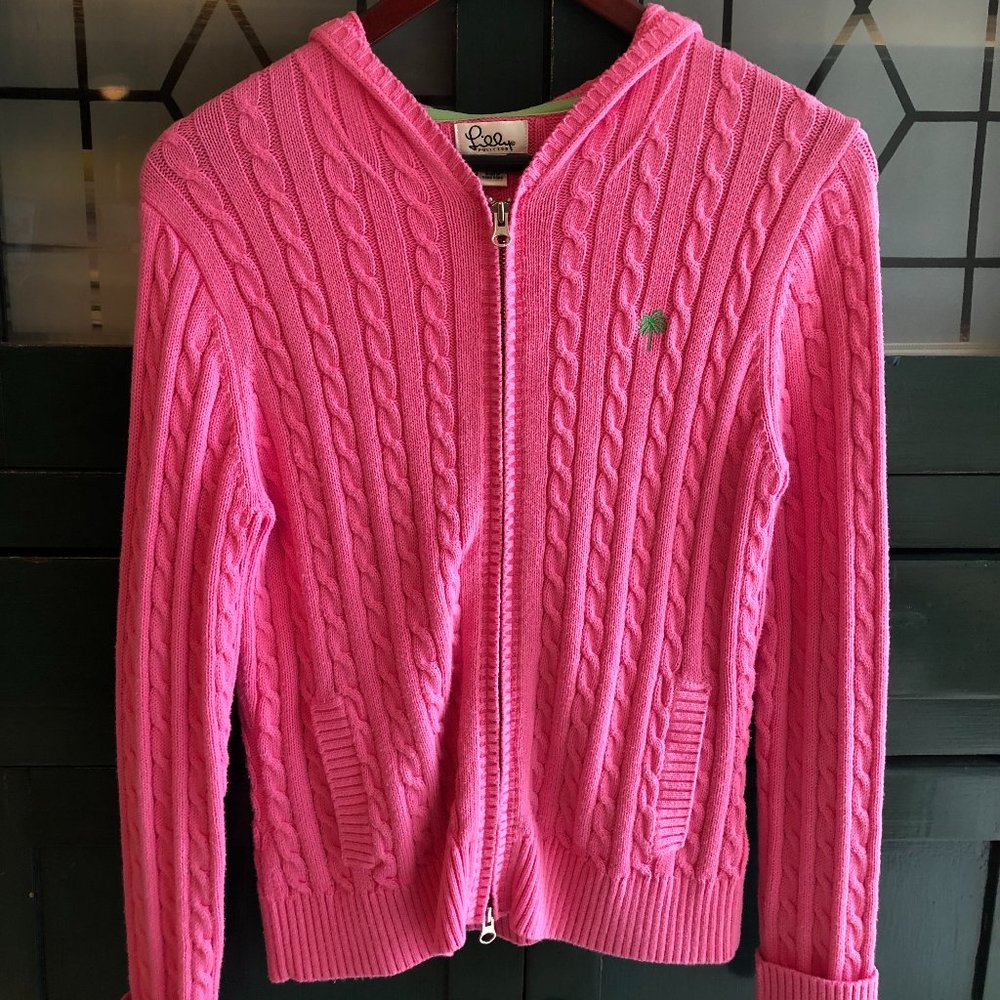 Lilly Pulitzer Pink Cable Knit Zip Up Hooded Sweater